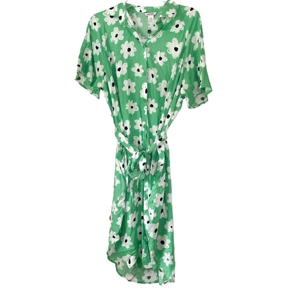 Monki Asos Green White Floral Retro Short Sleeve Button Tie Waist Mini Dress XS